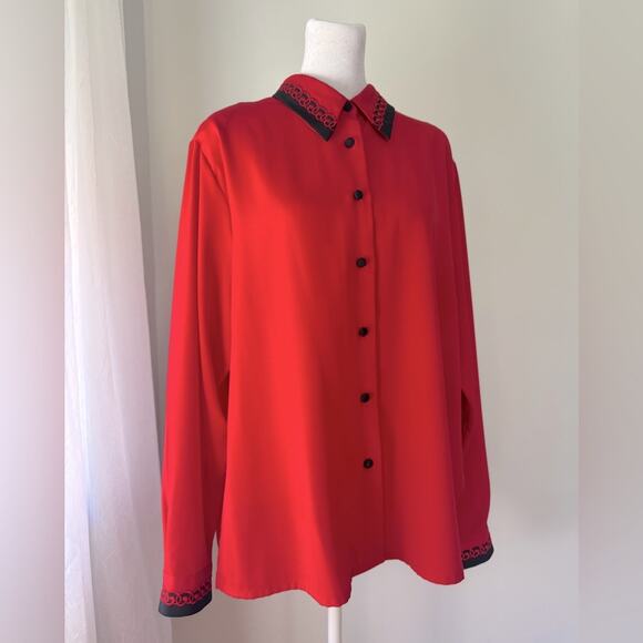 Vintage ‘90s Yves St. Clair Red & Black Collared Button Down Blouse - Picture 3 of 6